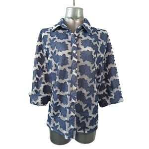 Alfred Dunner Womens XL Blue Floral Applique Mesh Button Down Shirt 3/4 Sleeve